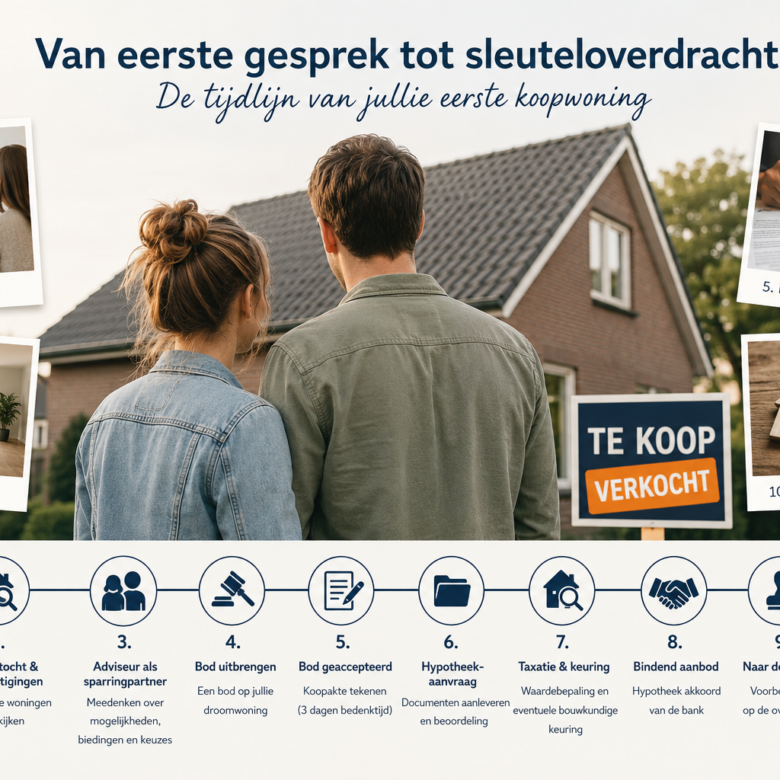 De tijdlijn van het kopen van een huis. Van de eerste bezichtiging tot aan de sleuteloverdracht.